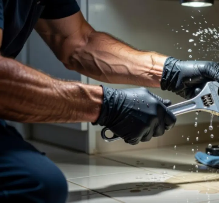 Vízvezeték-szerelő szivárgó csövet javít professzionális eszközökkel